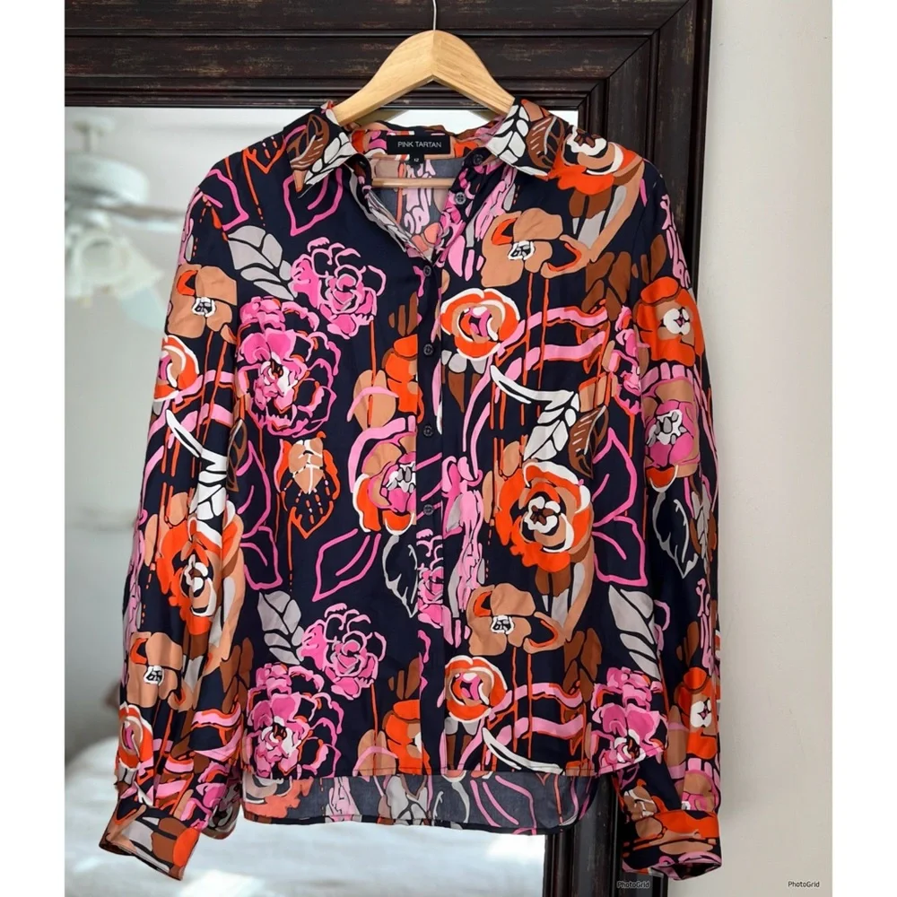 Pink Tartan Silk Colorful Printed Blouse